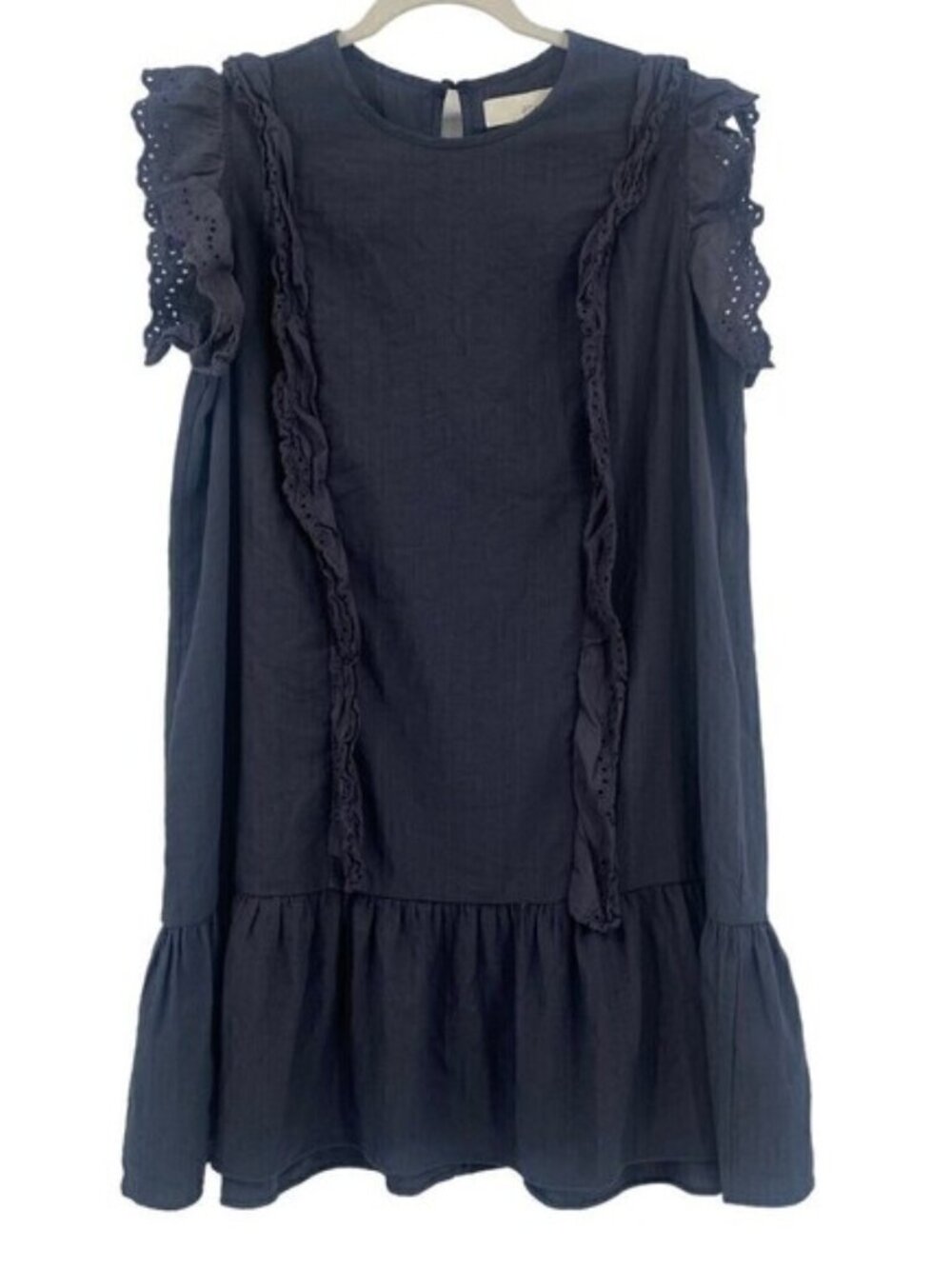 Pinch Women's Size M Ruffle Eyelet Navy Blue Mini Dress Boho Peasant